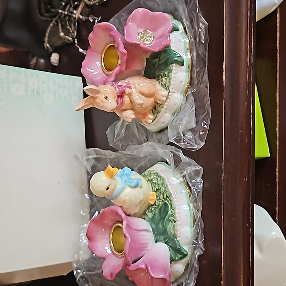 NIB Vtg set Easter Bunny Rabbit and Duck Candlestick Holders 2003
